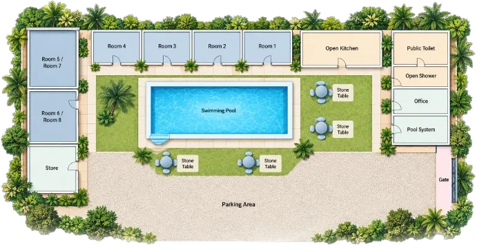 Trong Roomstay site plan showing accommodation and shared facilities