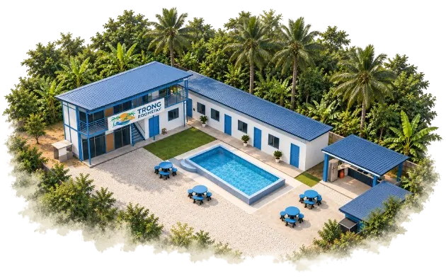 Illustrated 3D layout of Trong Roomstay buildings and facilities